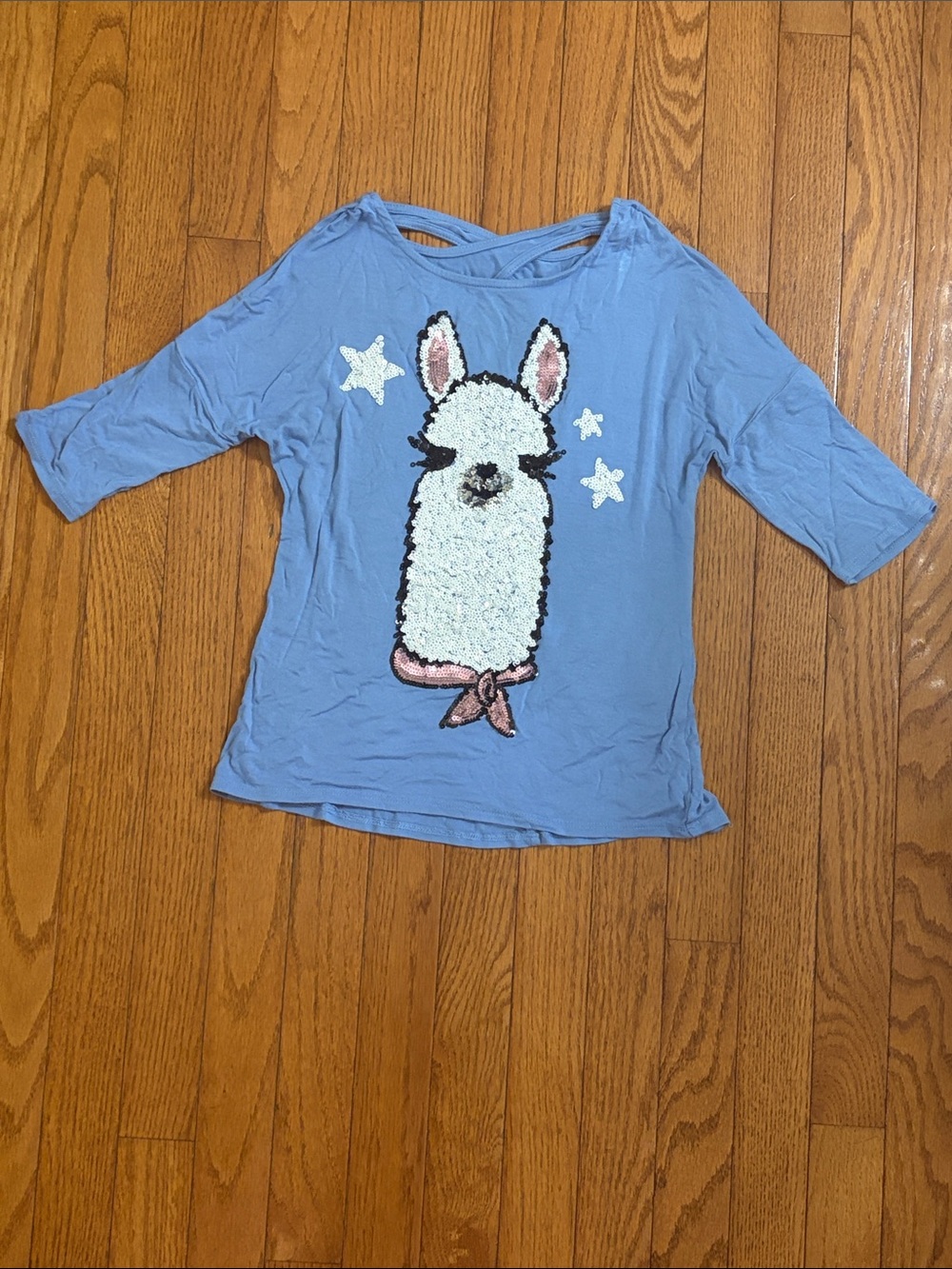 Girls Light Blue Llama Sequin Long Sleeve Tee